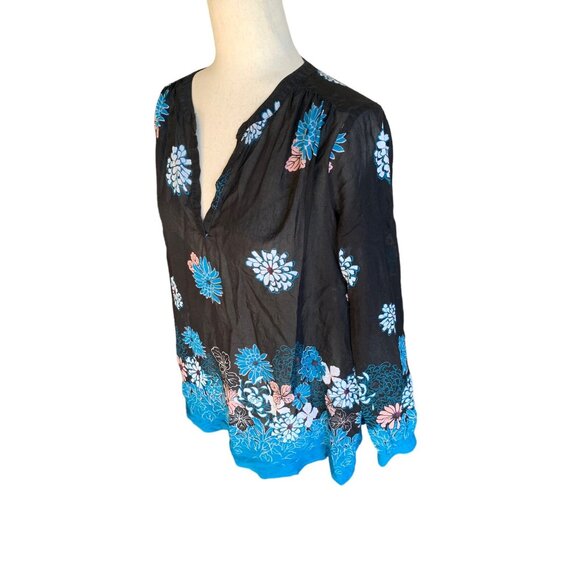 Ann Taylor Loft Petite Medium Pullover Long Sleeve Navy Blue Floral Blouse Sheer - Picture 3 of 10